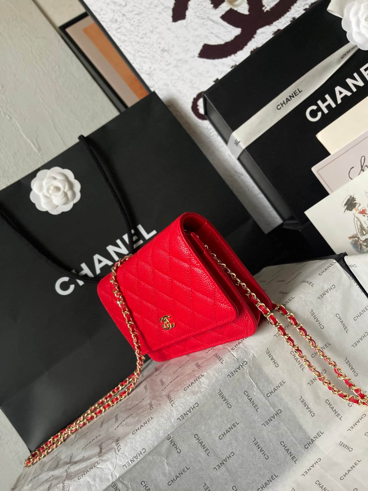 Chanel Classic Wallet on Chain Grained Shiny Calfskin & Gold-Tone Metal AP4241 Red A