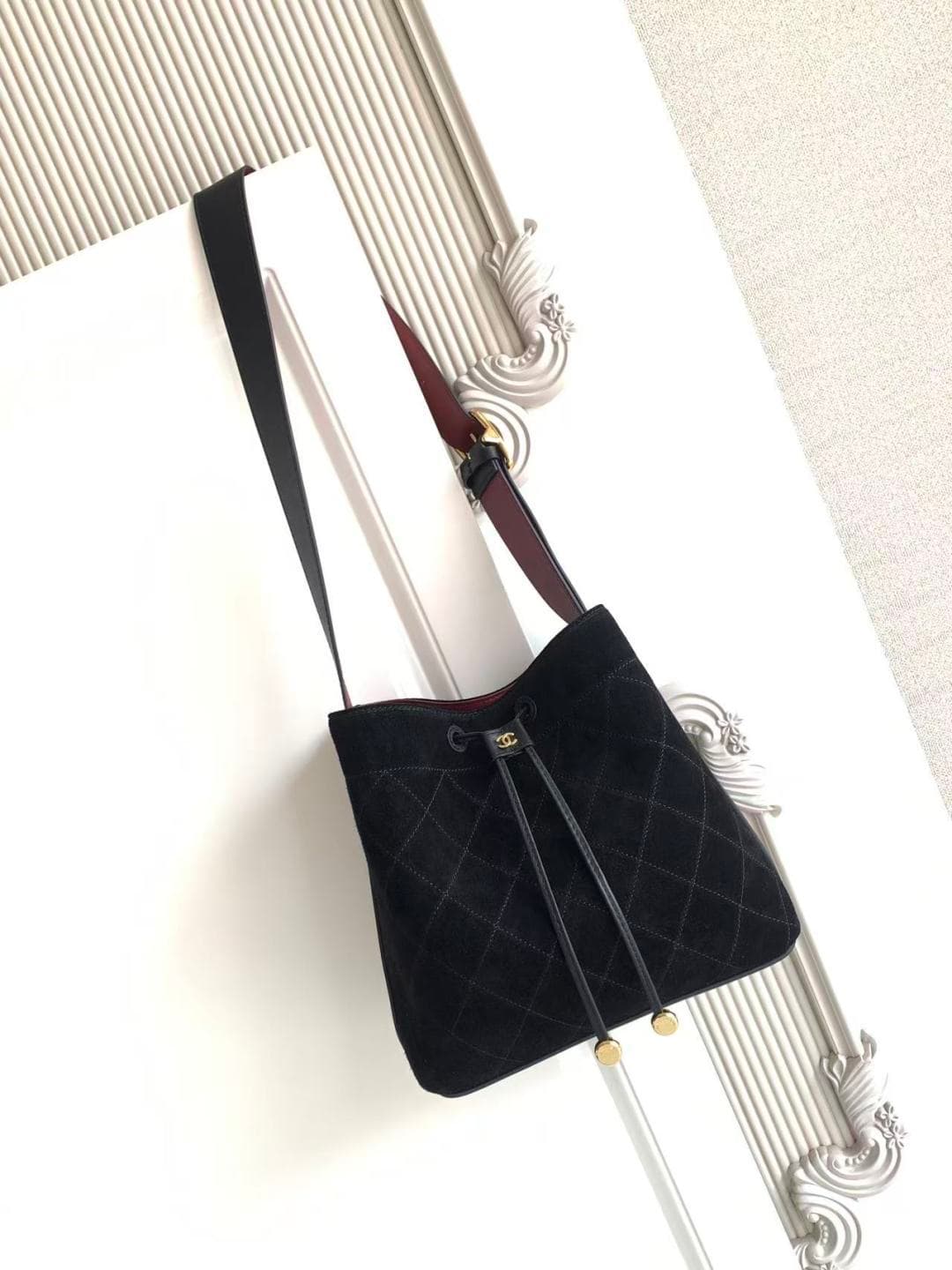 Chanel Small Bucket Bag Suede Calfskin & Gold-Tone Metal Black AS6584 A