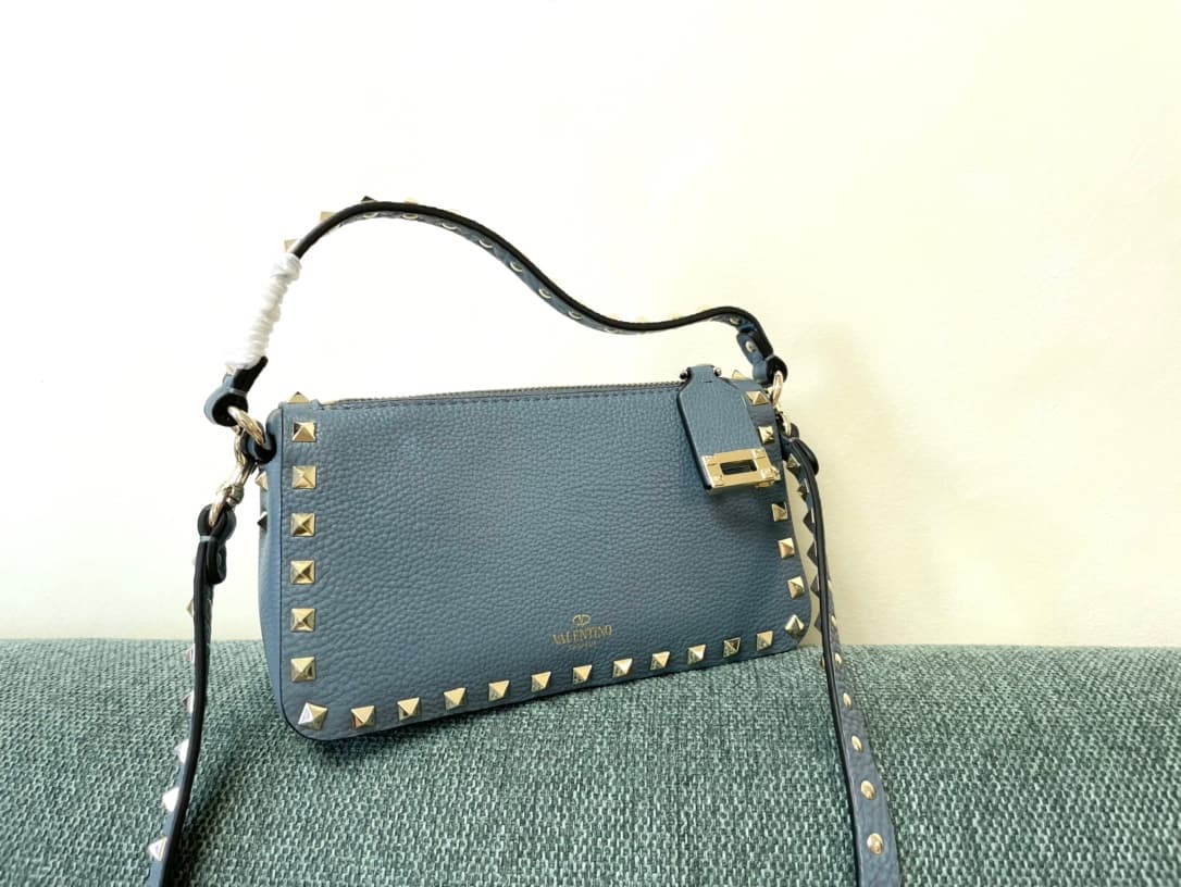 Valentino Garavani Mini Rockstud crossbody bag in Blue Grained Calfskin High