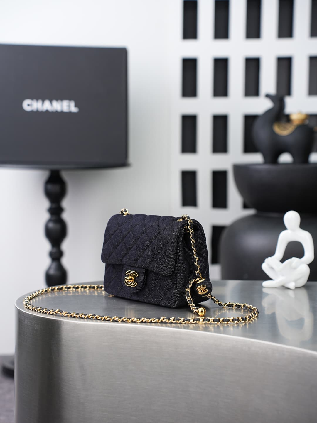 SUPER MINI FLAP BAG Denim & Gold-Tone Metal Dark Black AS1786 A