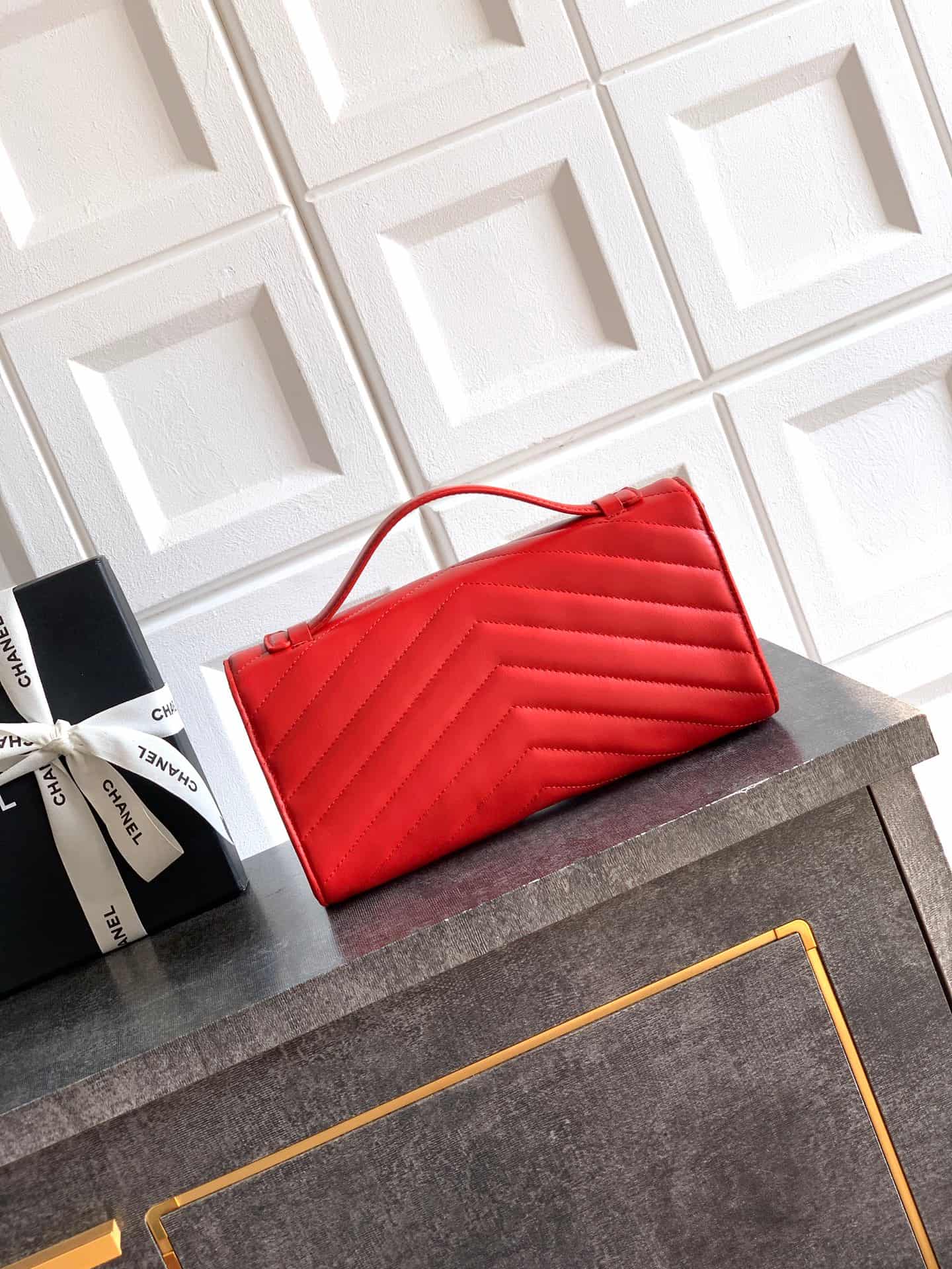 Chanel Flap Bag with Top Handle Chevron Lambskin& Gold-Tone Metal Red AS6044 A