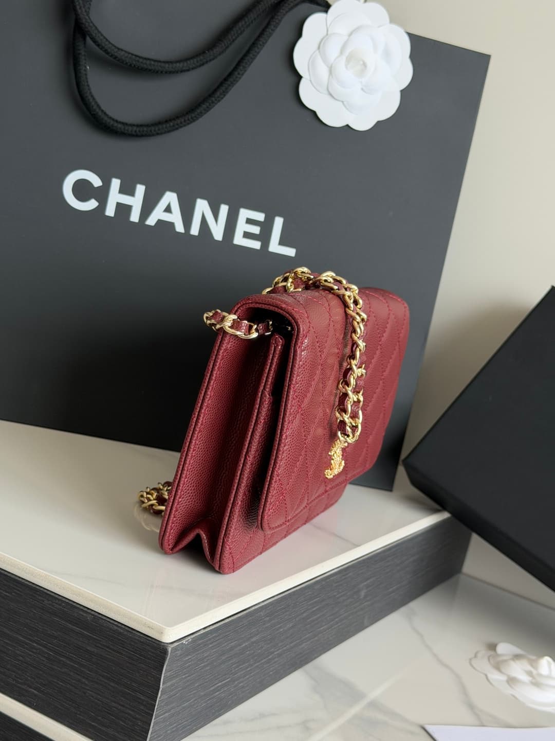 Chanel Wallet on Chain Shiny Grained Calfskin Strass & Gold-Tone Metal Red AP5073 High