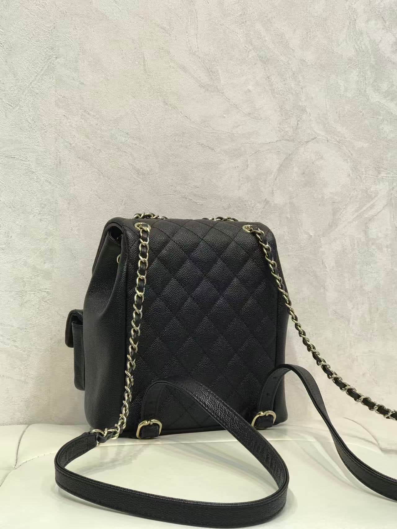 Chanel BACKPACK AS3860 Grained Shiny Calfskin & Gold-Tone Metal Black TOP