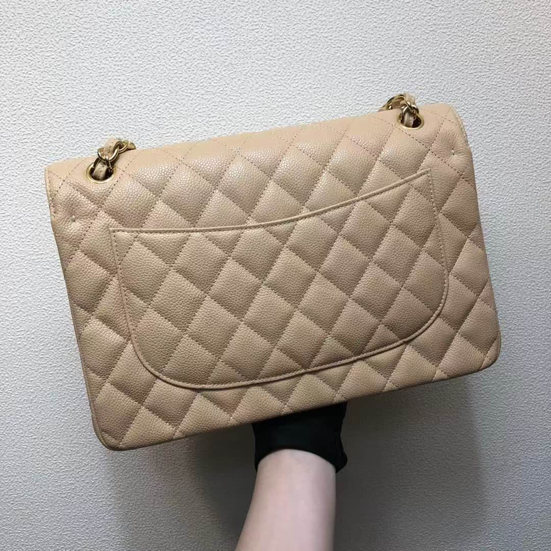 Large CLASSIC HANDBAG Grained Calfskin Gold Metal Beige A