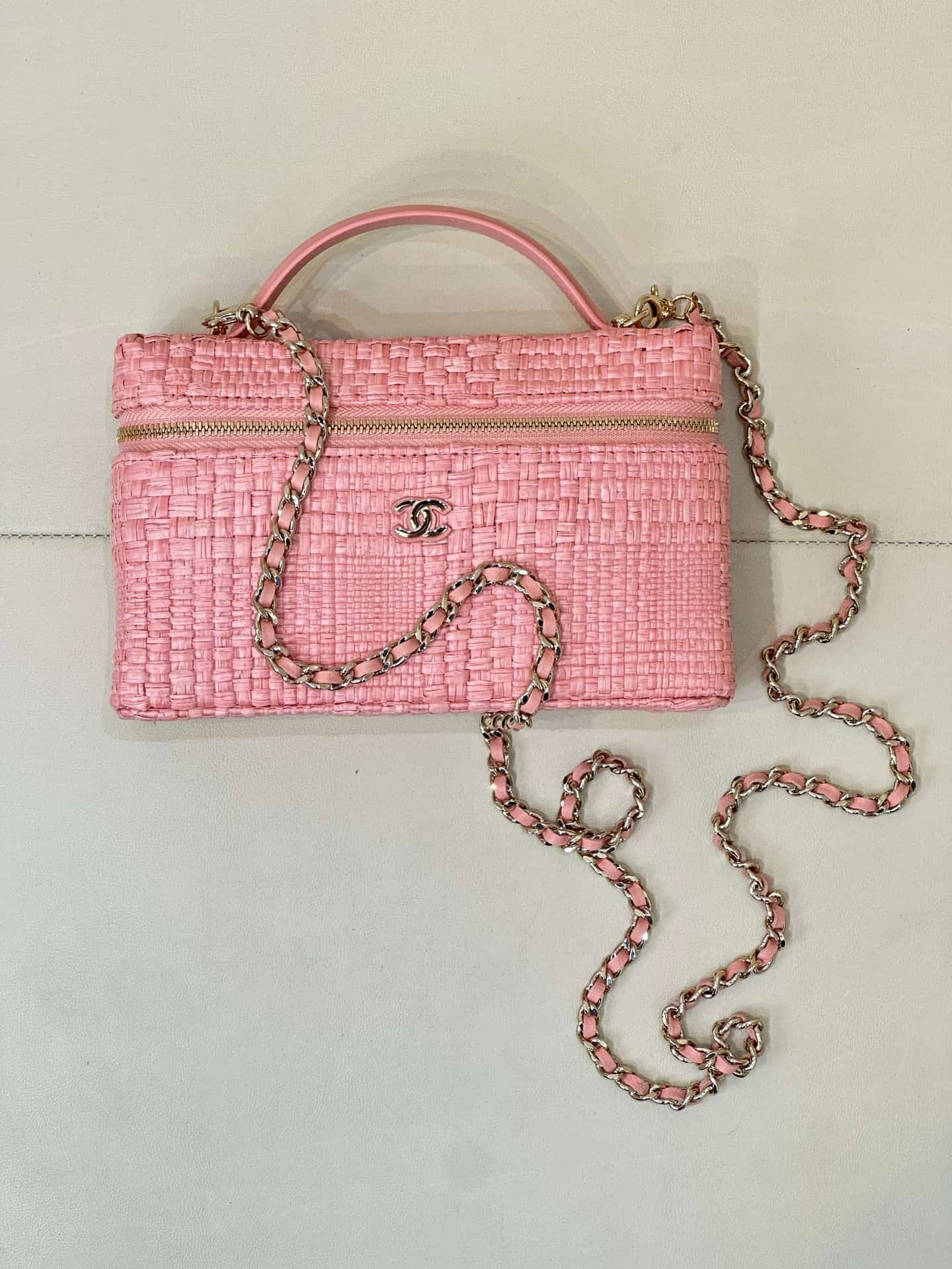 Chanel Classic Vanity with Chain Braided Raffia & Gold-Tone Metal Pink AP4385 TOP