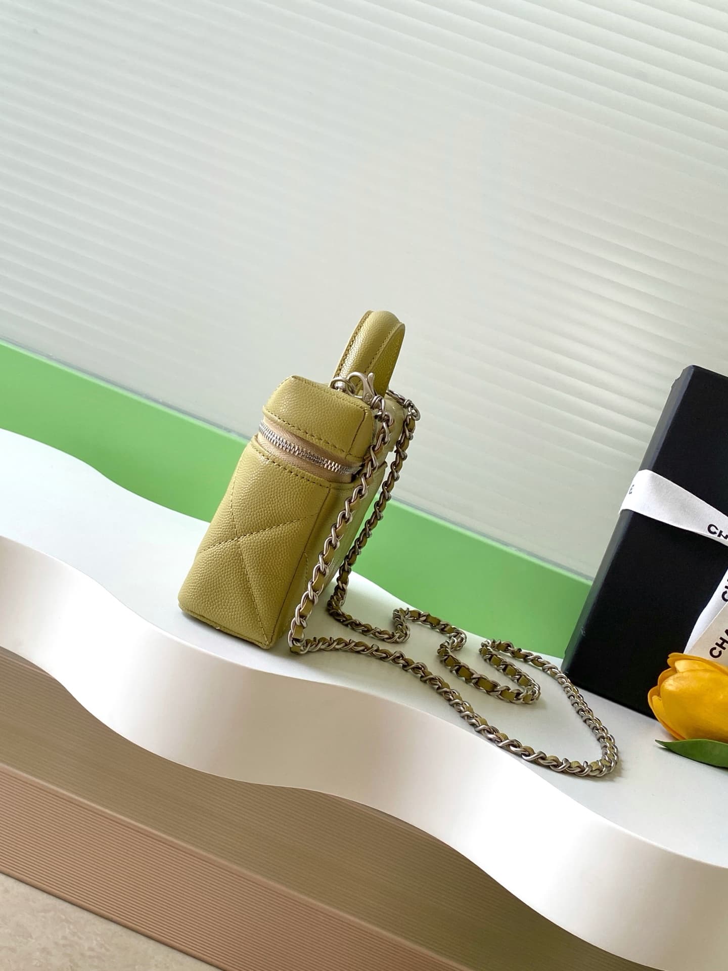 Chanel Vanity with Chain Grained Shiny Calfskin & Silver-Tone Metal Yellow AP4936 A