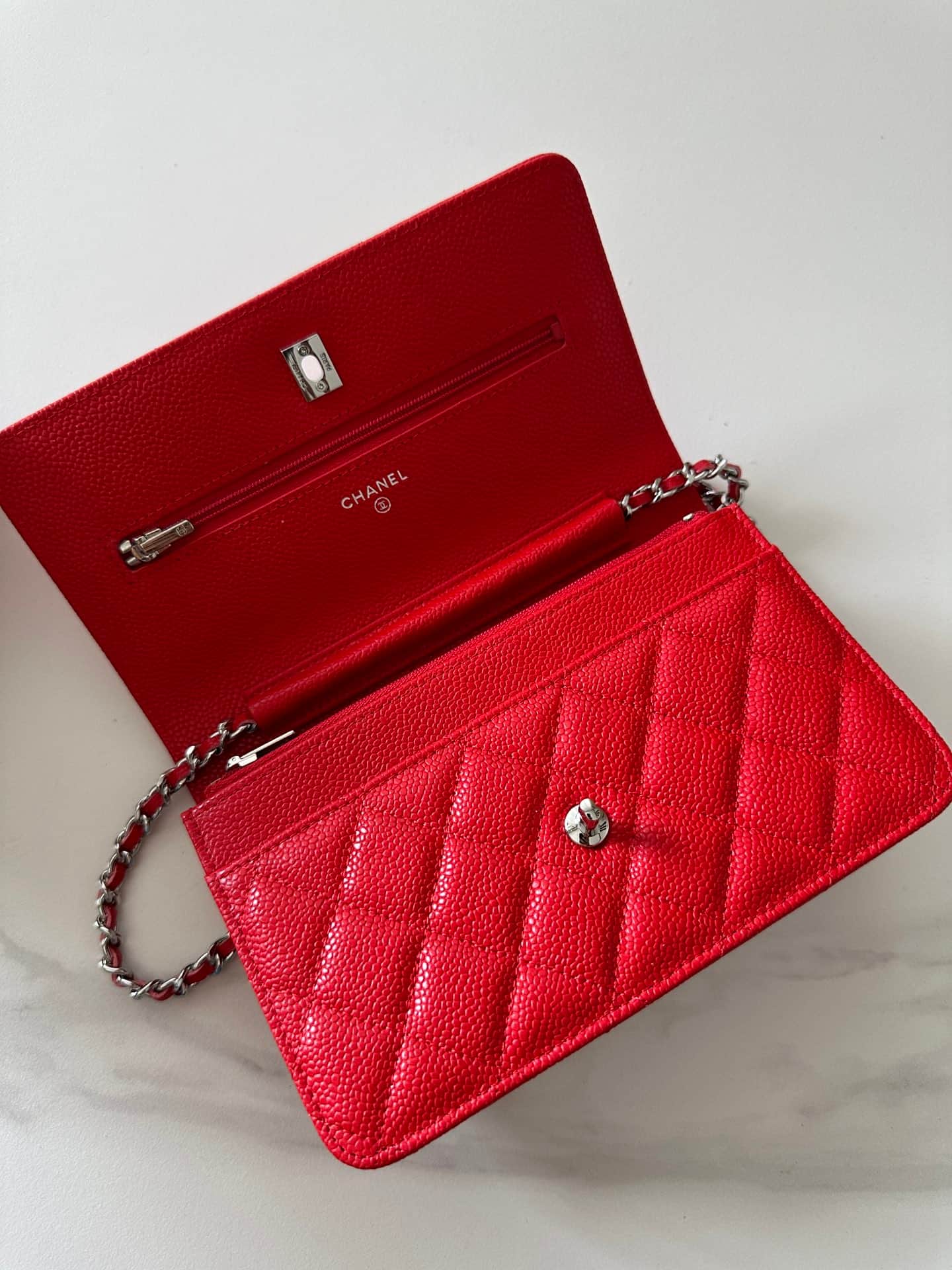 Chanel Classic Wallet on Chain Grained Shiny Calfskin & Silver-Tone Metal AP4241 Red High