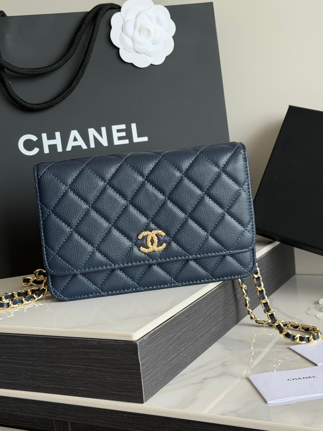 Chanel Wallet on Chain Shiny Grained Calfskin Strass & Gold-Tone Metal Dark Blue AP5073 High