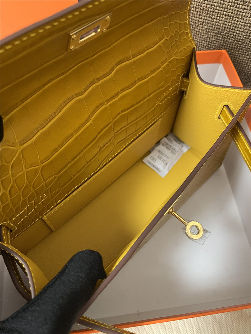 Hermes Kelly Pochette Bag Crocodile Silver/Gold Metal WAX High Customizing Style
