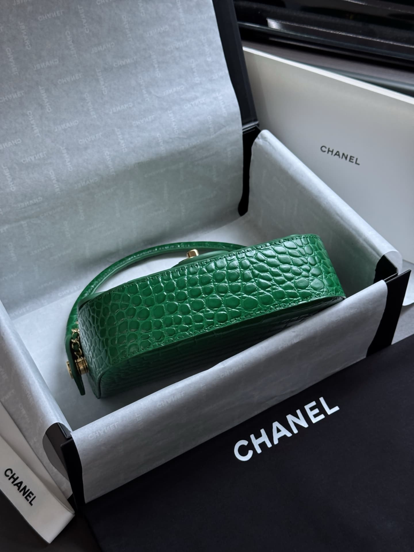 Chanel Mini Flap Bag with Top Handle Crocodile Embossed Calfskin & Gold-Tone Metal Green AS6424 A