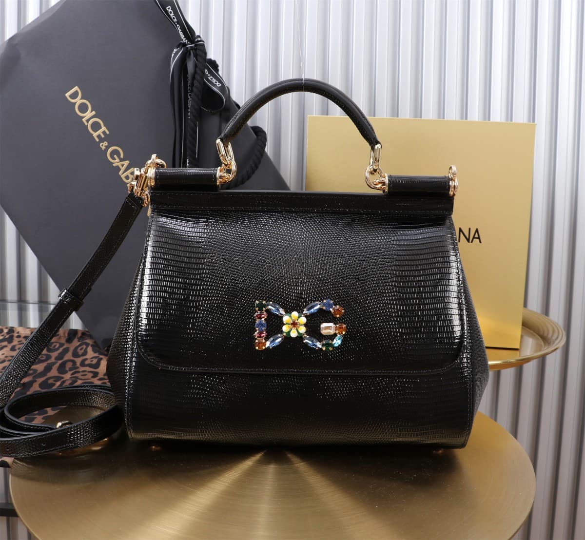 Sicily Handbag 25cm in Iguana Print Calfskin and Crystal DG Logo Patch High