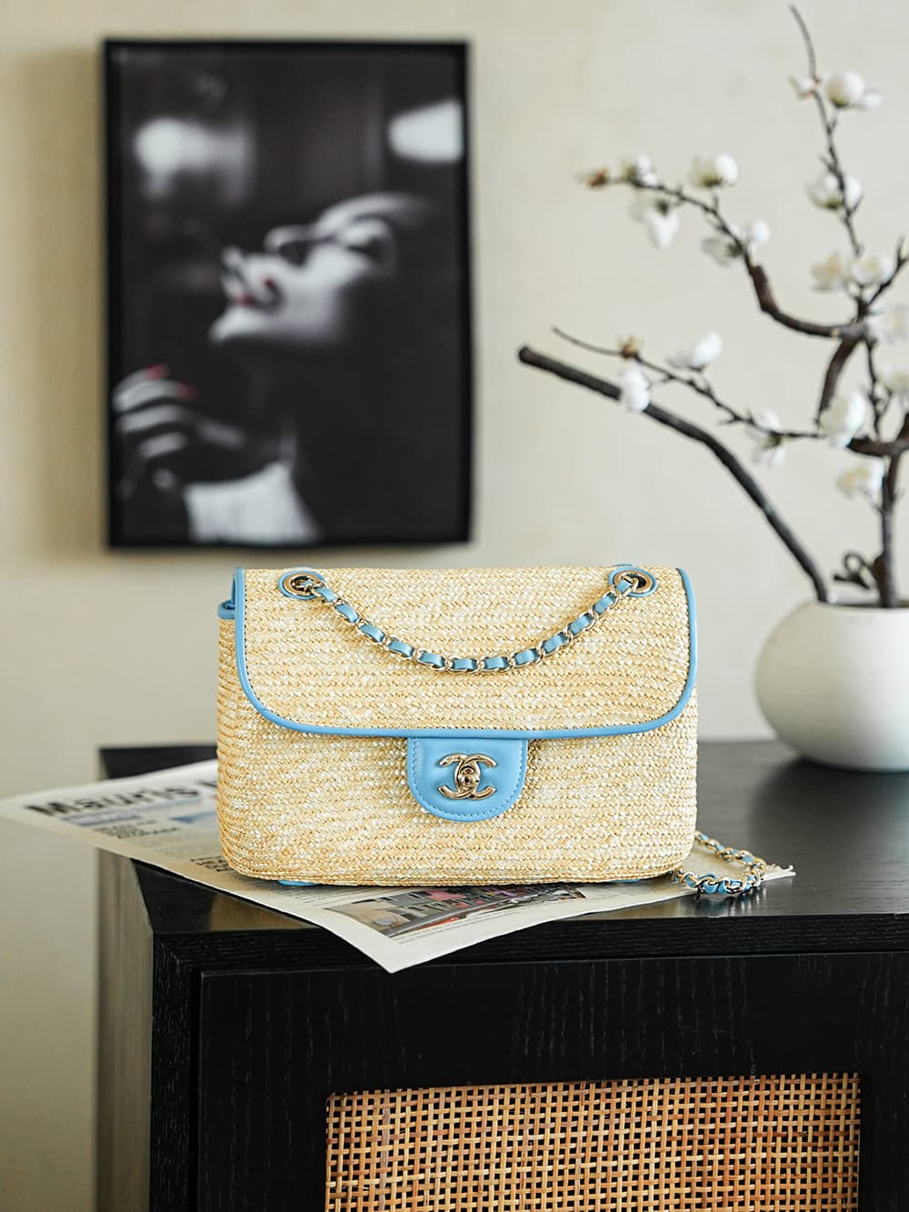 Chanel Coco Beach Small Flap Bag Braided Straw Lambskin & Gold-tone Metal AS6017 A