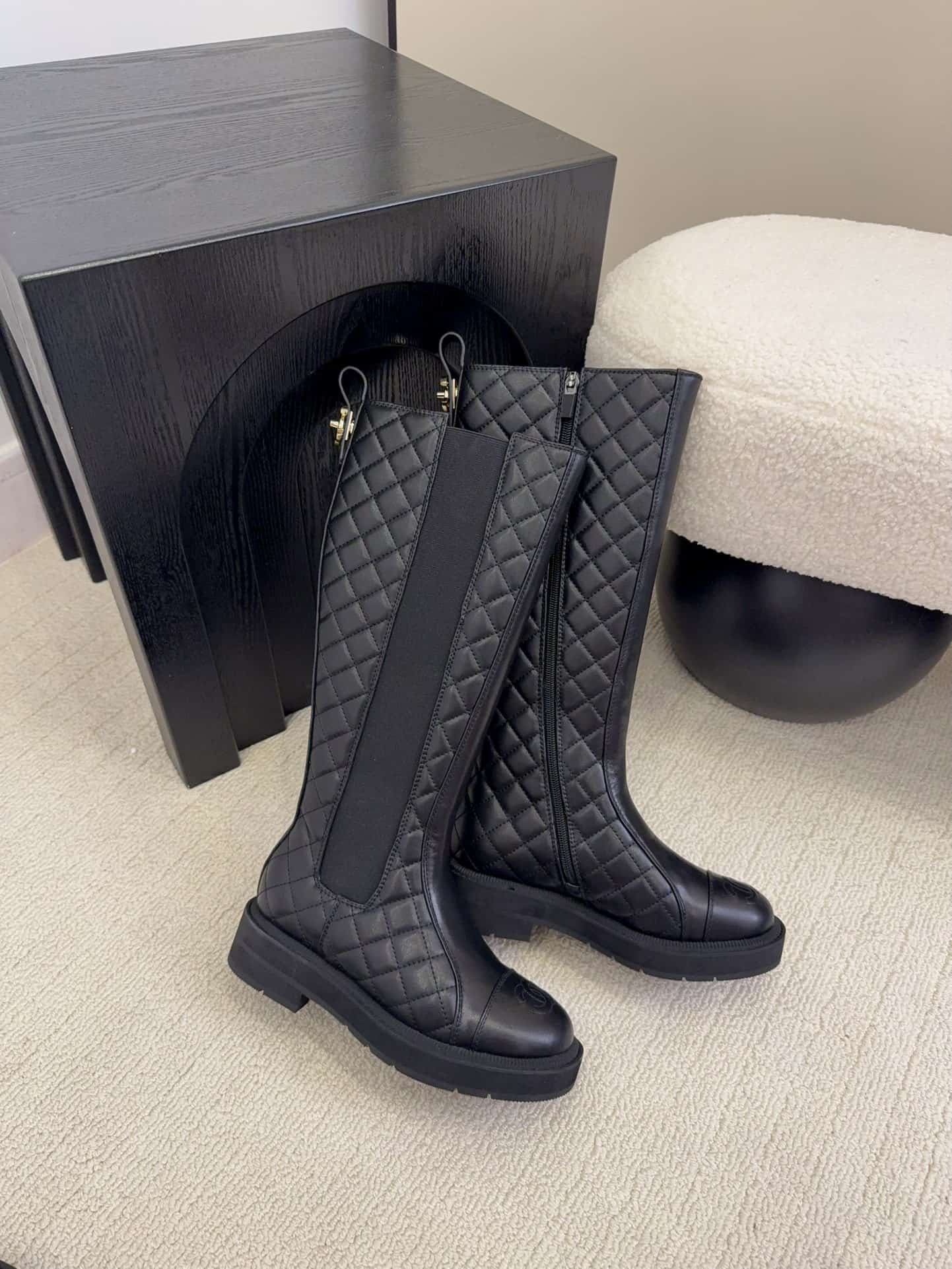 Chanel Oily Calfskin Quilted High Boots Shoes Women