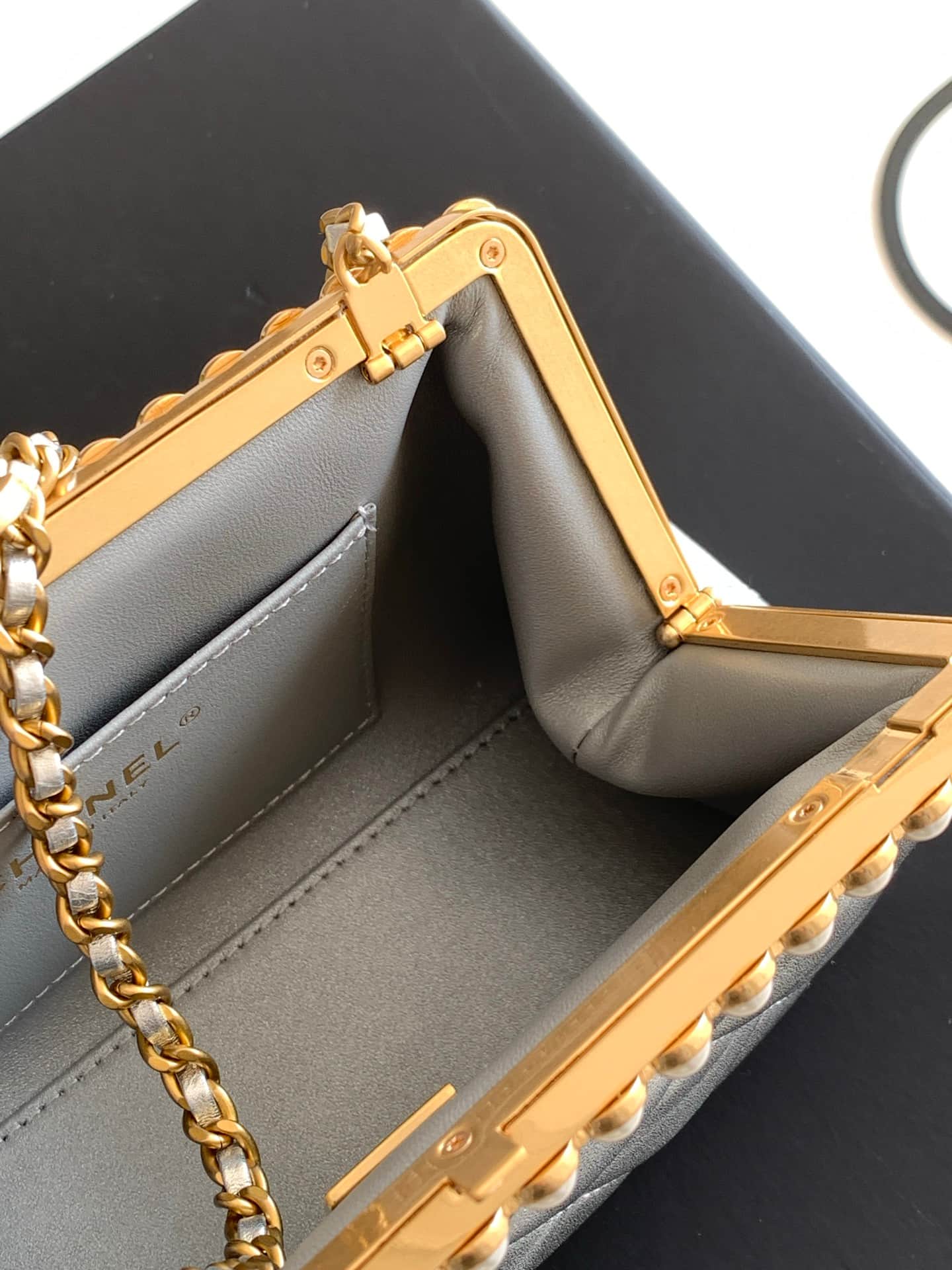 Chanel Pearly Lambskin Imitation Pearls & Gold-Tone Metal Silver AS5912 A