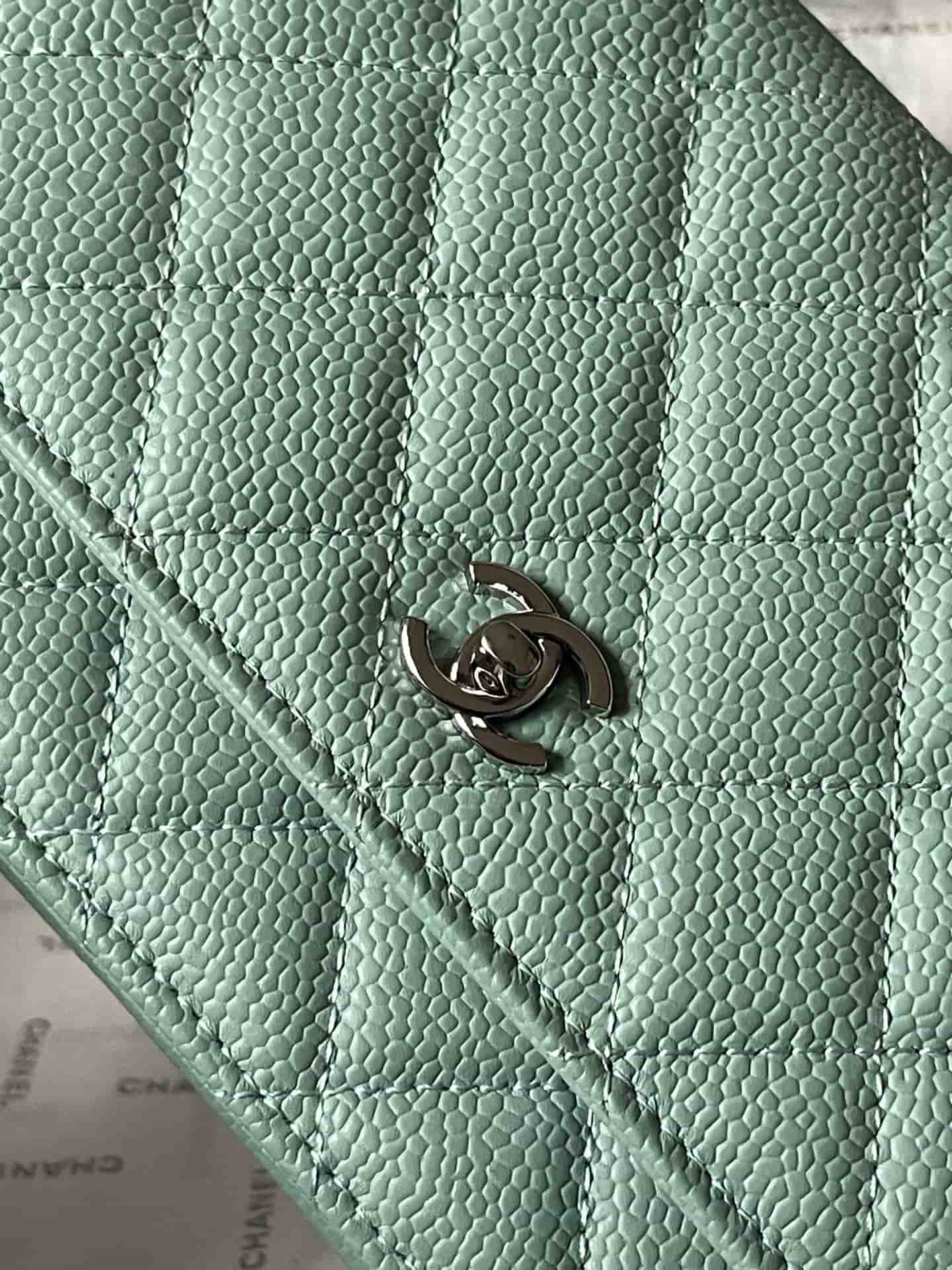 Chanel Classic Wallet on Chain Grained Shiny Calfskin & Silver-Tone Metal AP4241 Light Green A