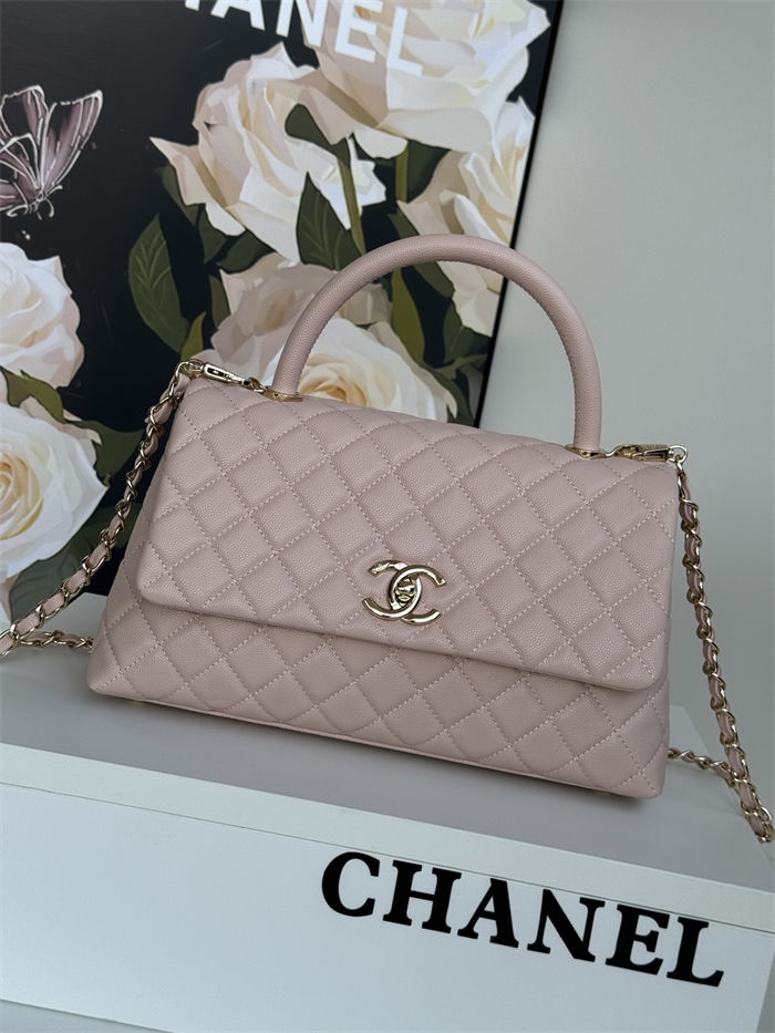 Medium FLAP BAG WITH TOP HANDLE Grained Calfskin Pink Gold Metal High