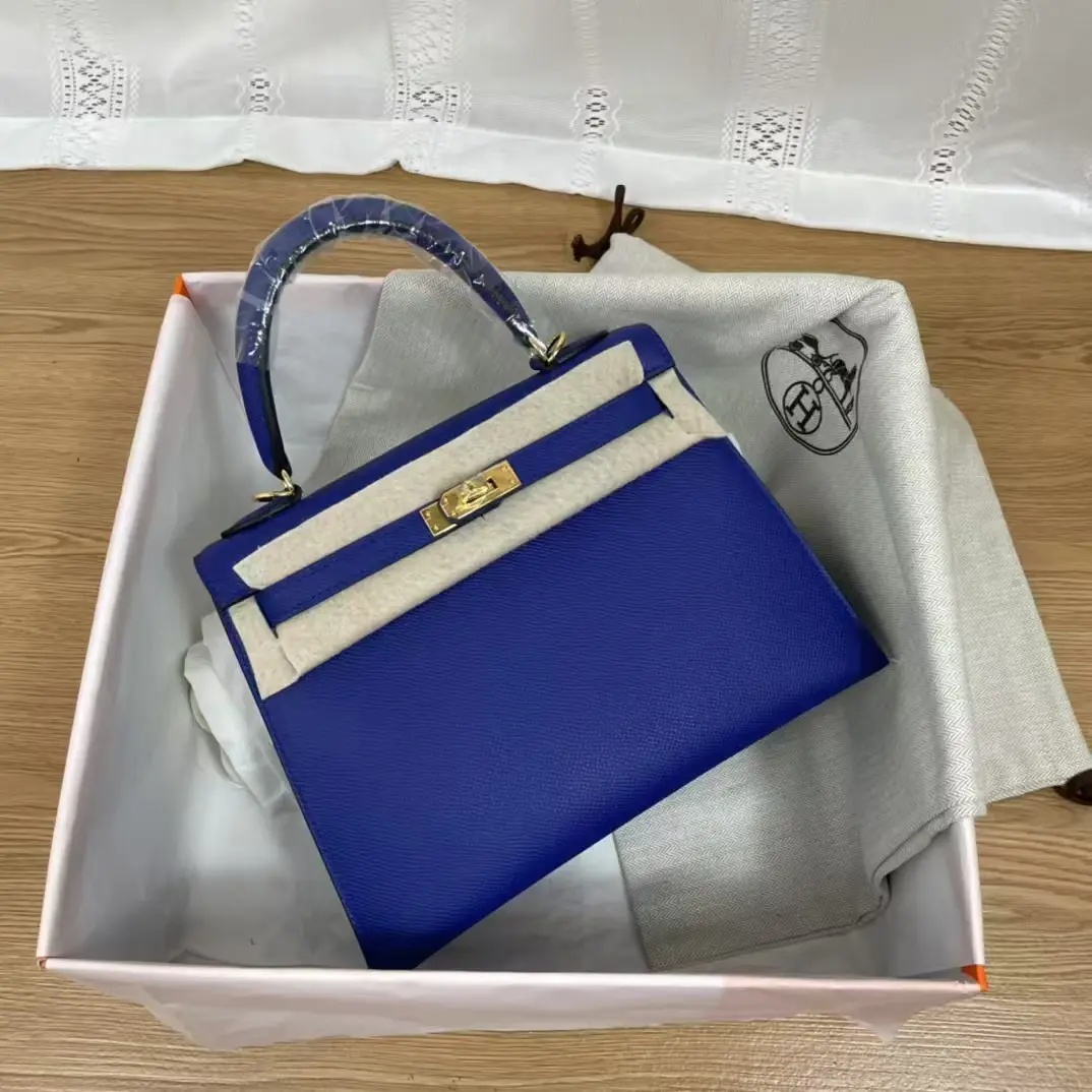 Hermes Kelly 25/28cm Sellier Bag Epsom Leather Silver/Gold Metal In Bleu Electric WAX High