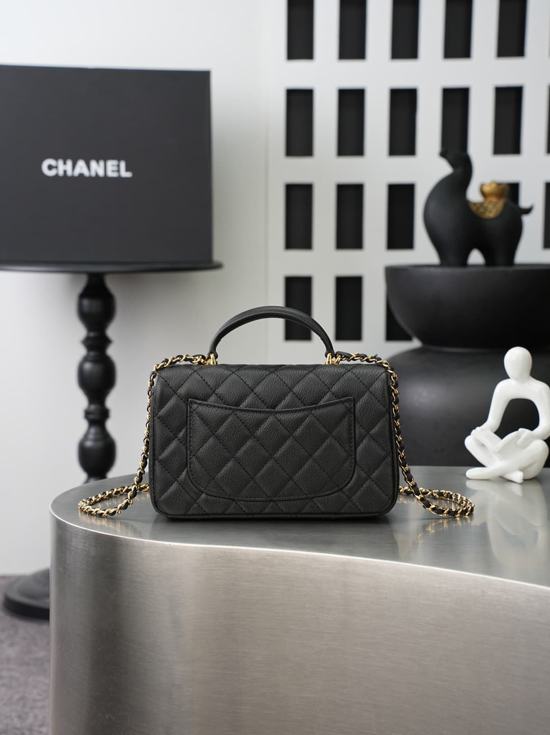 Chanel FLAP BAG WITH TOP HANDLE AS2431 Calfskin & Gold-Tone Metal Black A