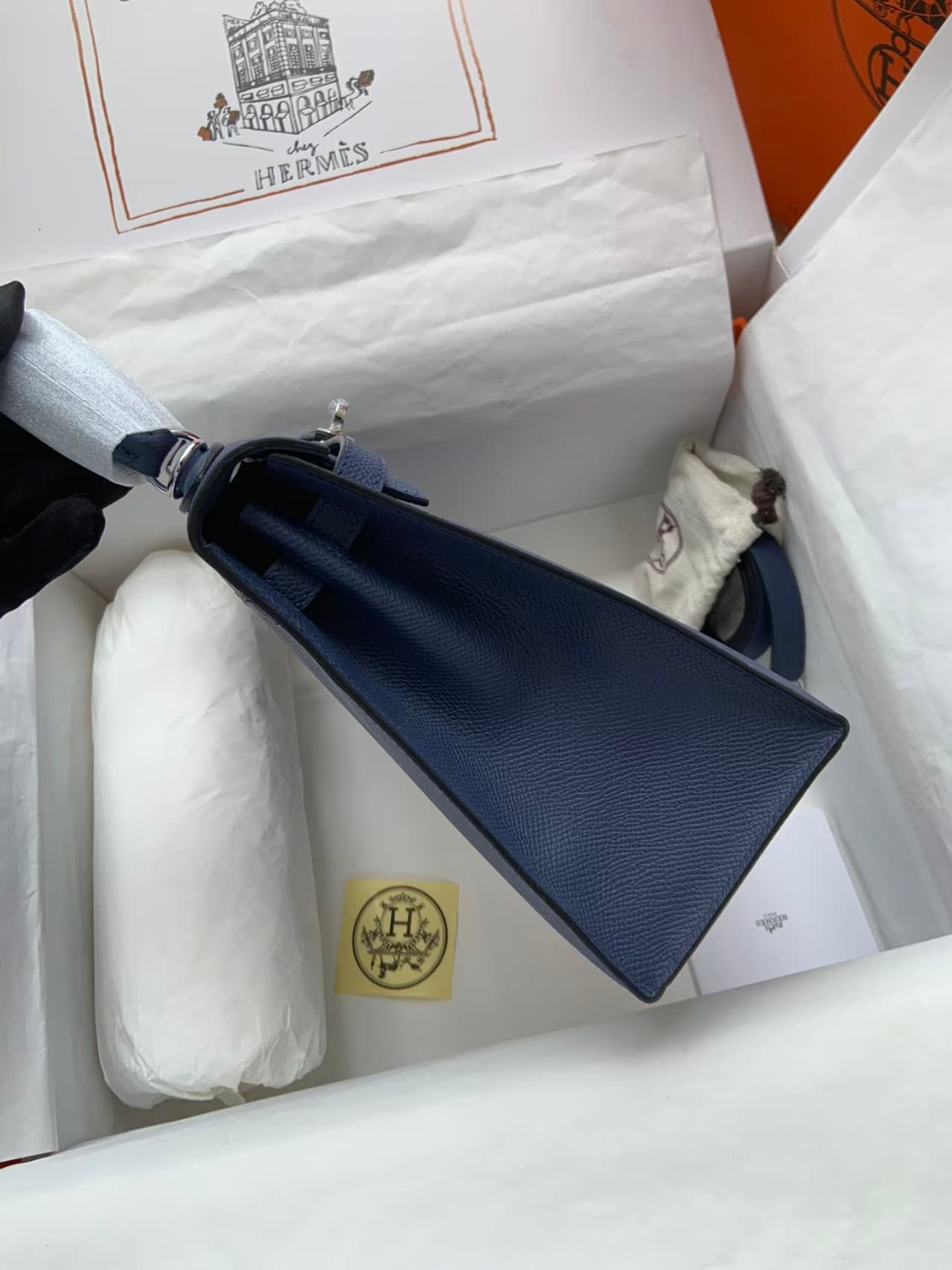 Hermes Kelly 25/28cm Sellier Bag Epsom Leather Silver/Gold Metal In Navy WAX High