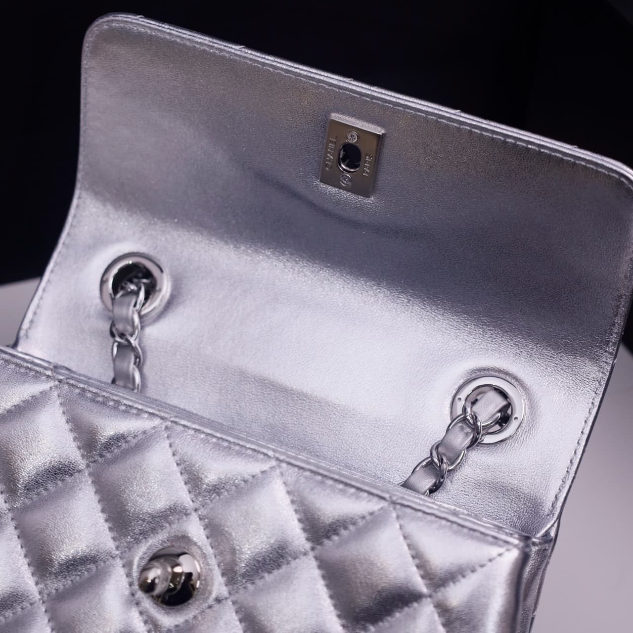 Chanel MINI FLAP BAG WITH TOP HANDLE AS4654 Lambskin & Silver-Tone Metal Silver A