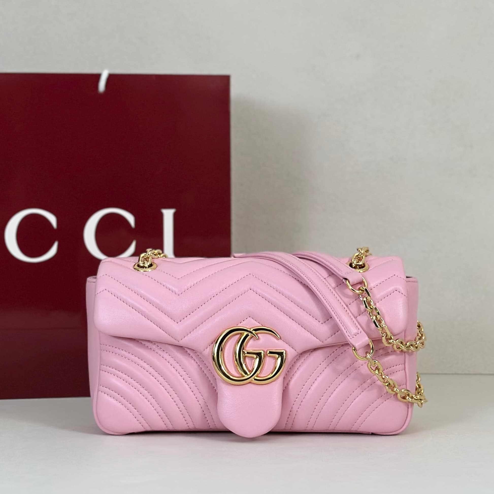 Gucci GG Marmont Medium Shoulder Bag Light Pink Matelassé Chevron Nappa Leather 837267 High