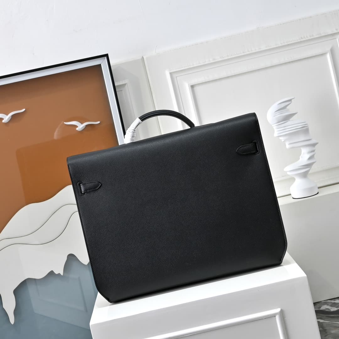 Hermes Kelly depeches Epsom 36 briefcase In Black Silver Metal CalfskIn WAX High