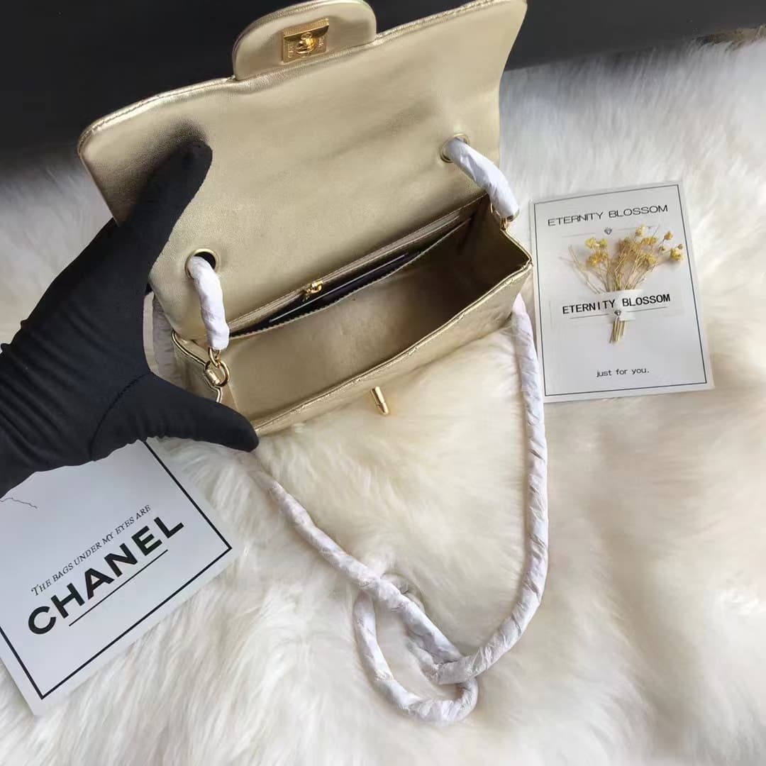 Chanel Classic Handbag Metallic Gold Quilted Lambskin Gold-Tone Metal A