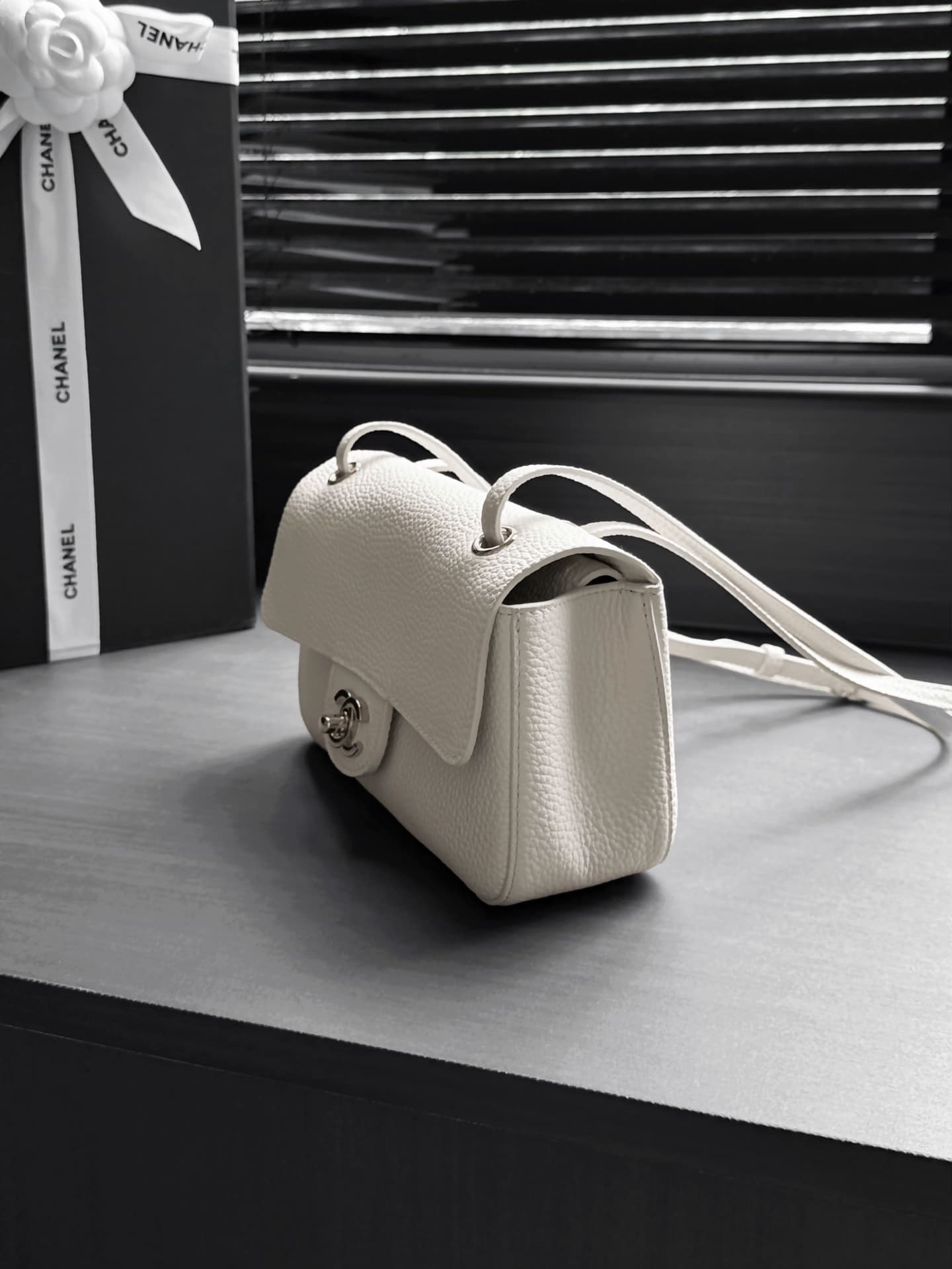 CHANEL Mini flap bag Grained Calfskin&Silver-tone metal White AS6573 A