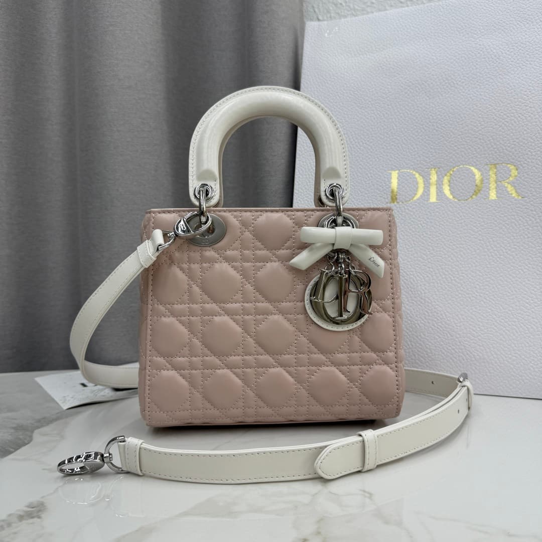 Dior Small Lady Dior Bag Lambskin Cannage In Rose Lingerie With Leather Bow High