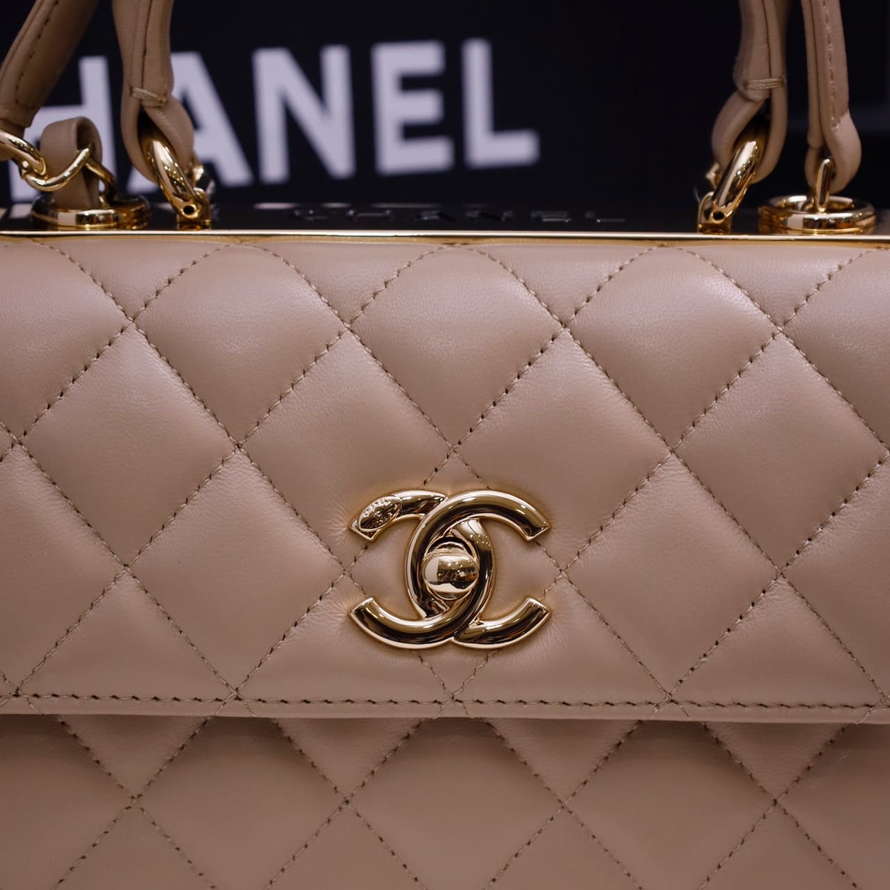 Chanel MINI FLAP BAG WITH TOP HANDLE AS4654 Lambskin &Gold-Tone Metal Beige A