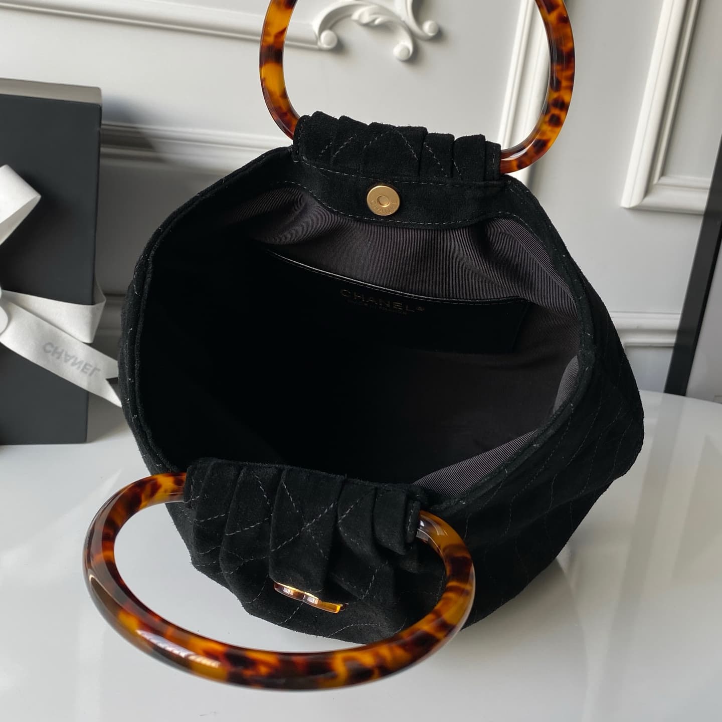Chanel Medium Hobo Bag Suede Calfskin Turtoise-Shell Effect Plexi & Gold-Tone Metal Black AS6010 High