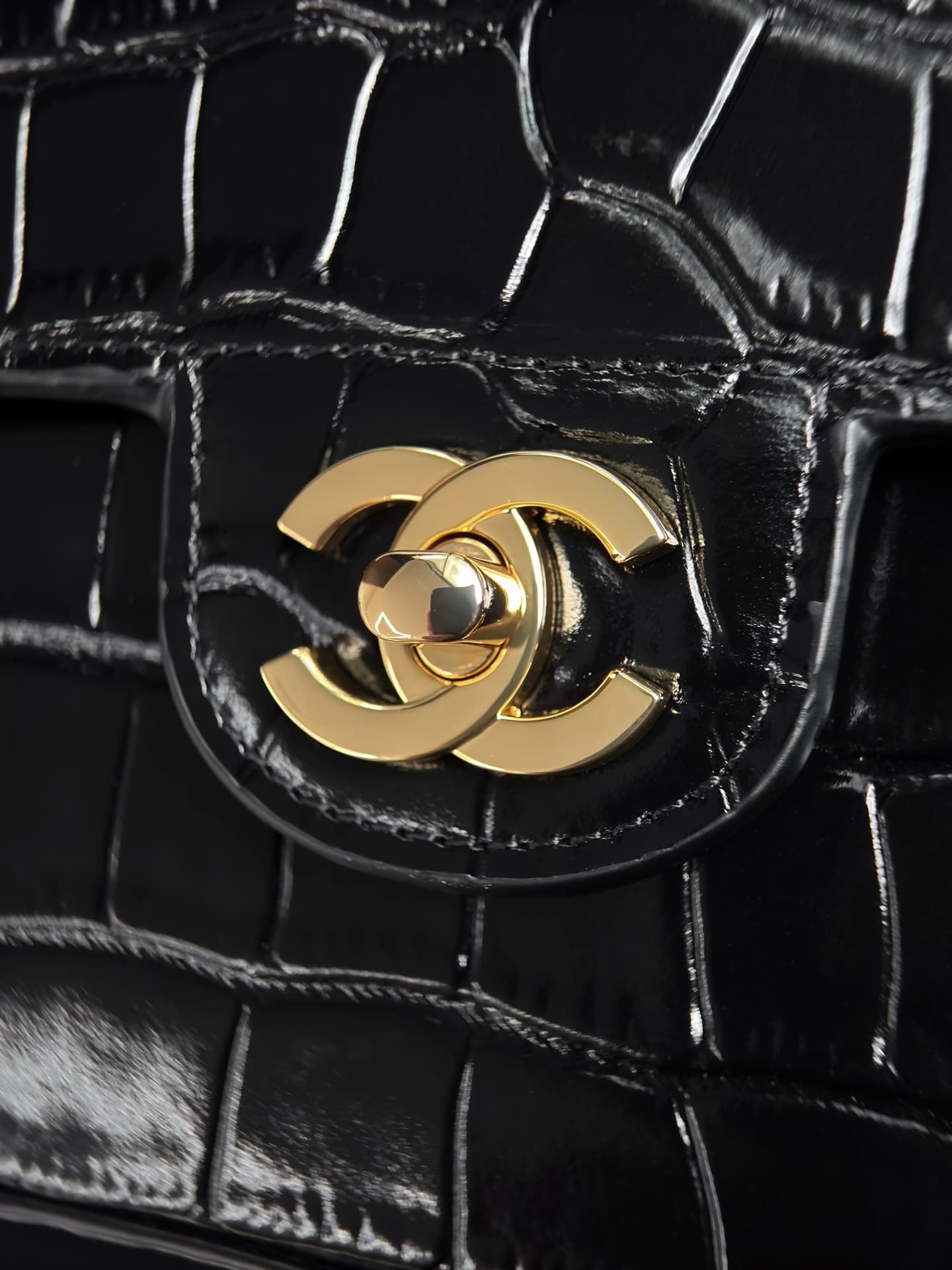 Chanel Mini Flap Bag with Top Handle Crocodile Embossed Calfskin & Gold-Tone Metal Black AS6424 A