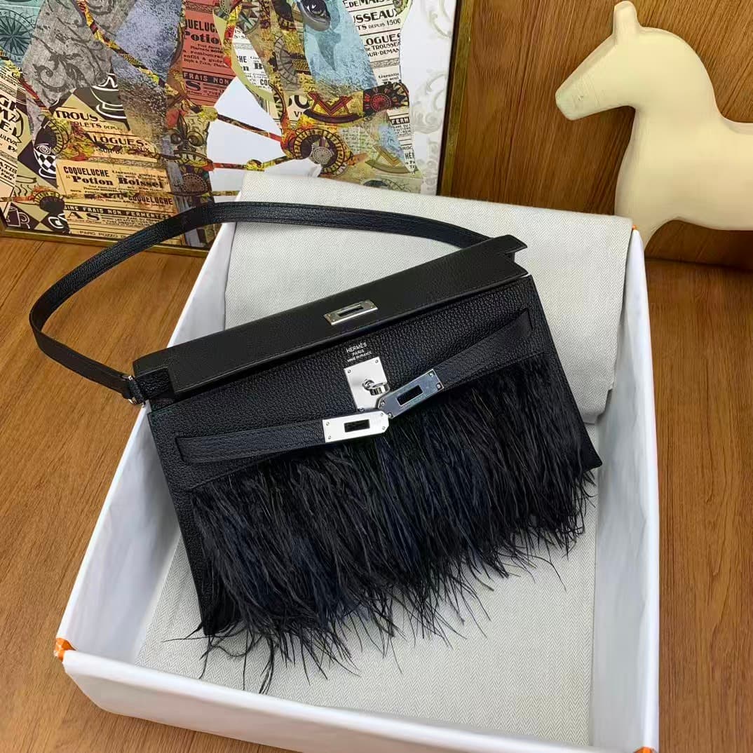 Hermes Kelly Elan  Madame Leather Black Silver-Metal Ostrich Feathers WAX High Customized Style