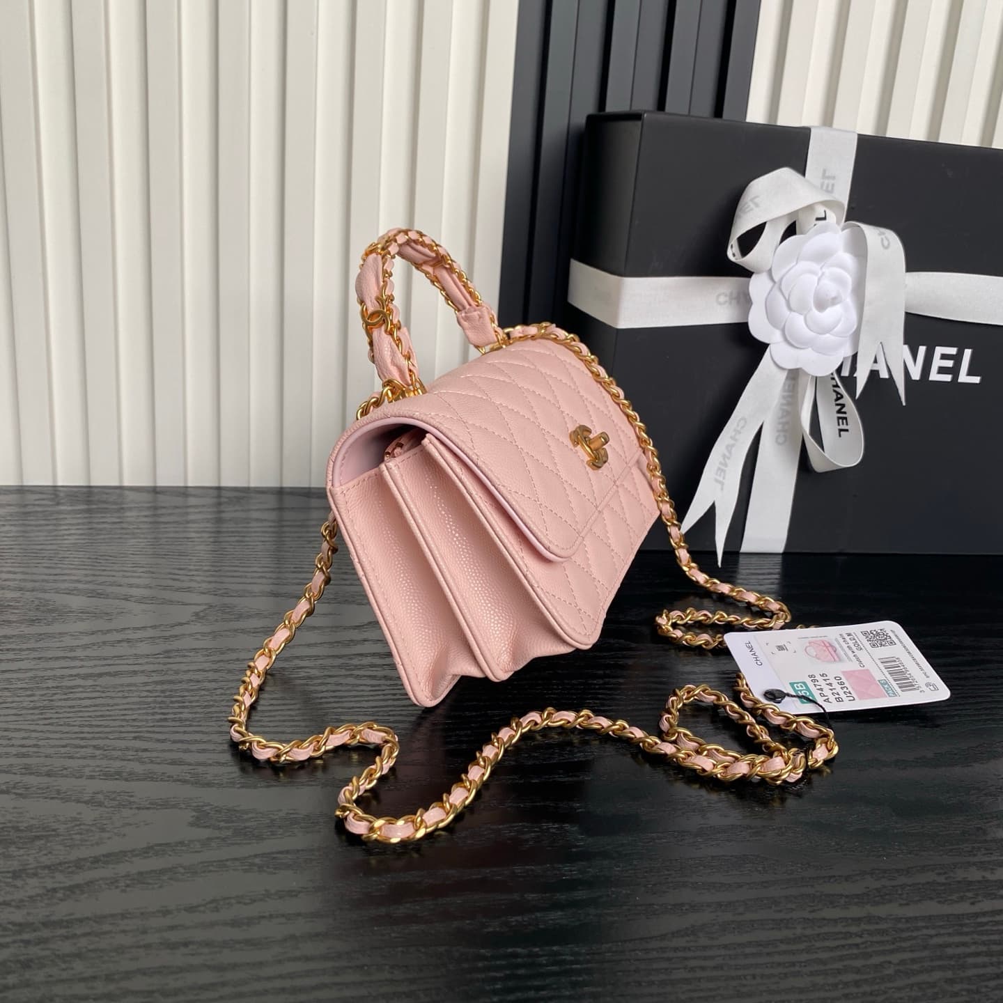 Chanel Mini Flap Bag with Top Handle Grained Shiny Calfskin & Gold-Tone Metal Pink AP4798 A