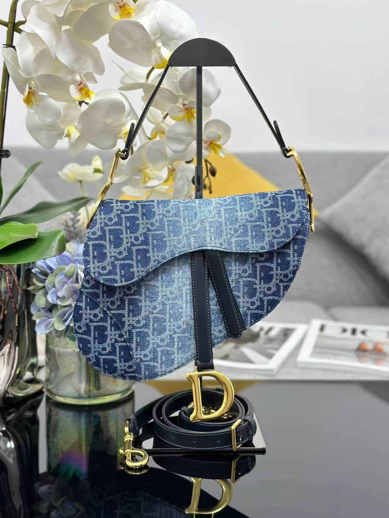 SADDLE BAG Dior Oblique Embroidery Blue Denim High