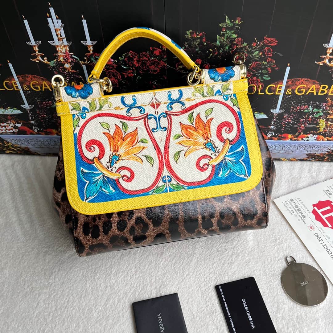 Dolce & Gabbana Miss Sicily top handle bag with Majolica and Leopard print leather High