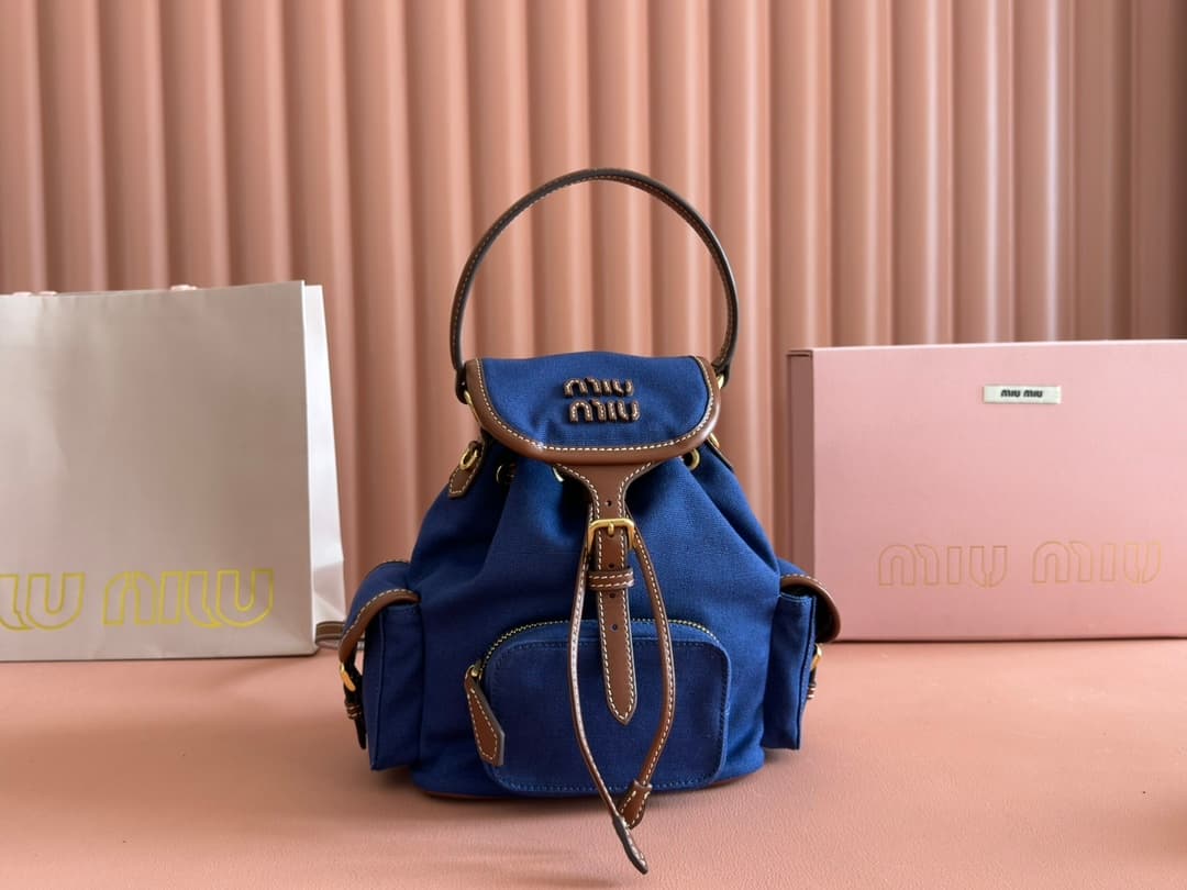 复制Miu Miu Miu Miu Cornflower Blue/Brandy Denim Backpack 5bz043 TOPCord Brown/brandy Denim Backpack 5bz042 High