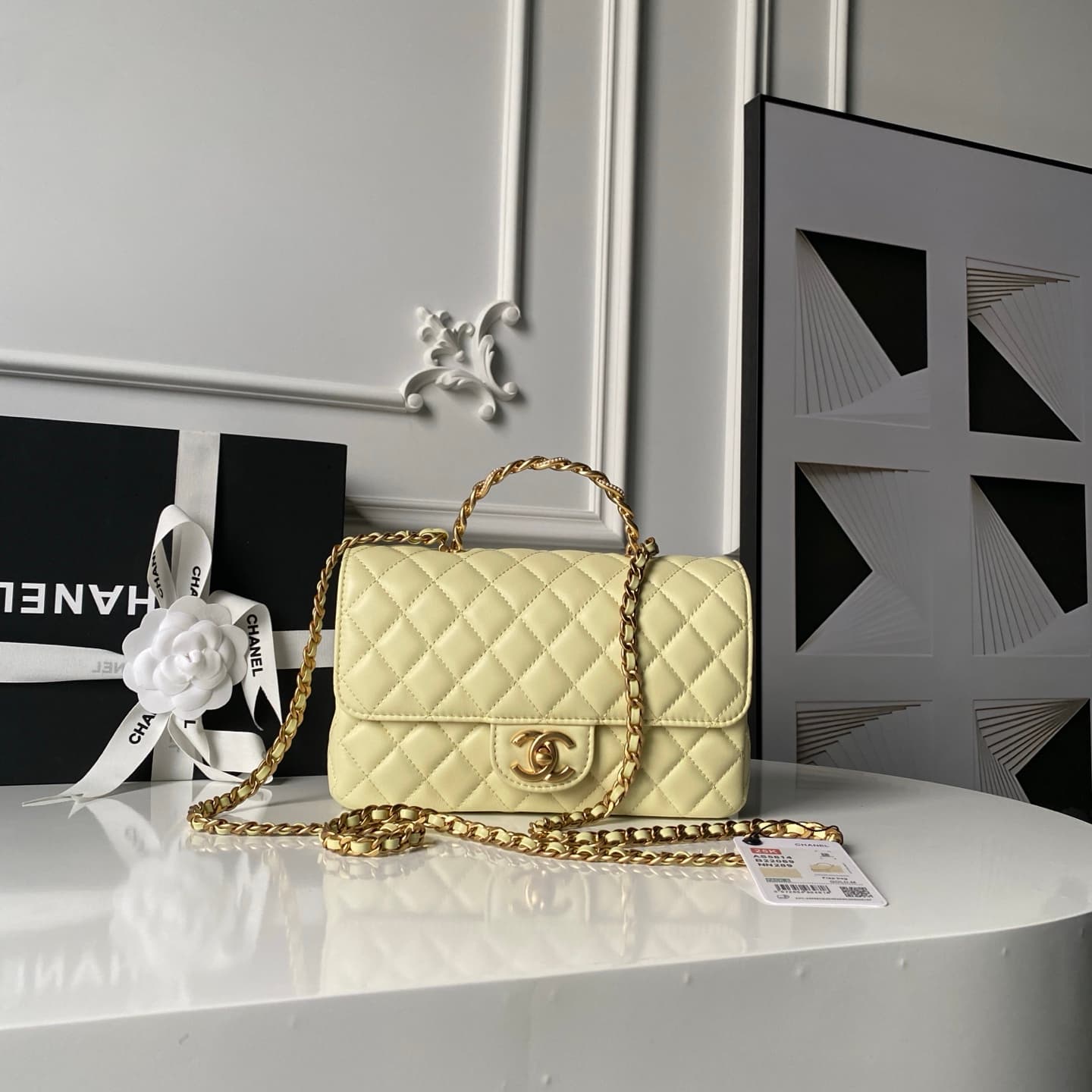 Chanel Small Flap Bag with Top Handle Lambskin& Gold-tone Metal Light Yellow AS5814 A