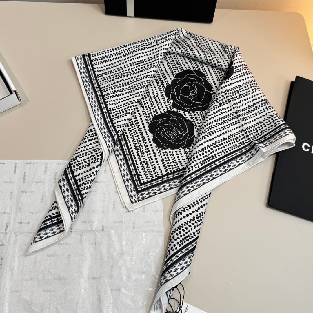 Chanel Camellia Flower Print Silk Square Scarf