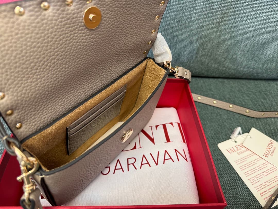Valentino Garavani Mini Rockstud Grainy Leather Crossbody Bag in Grey High