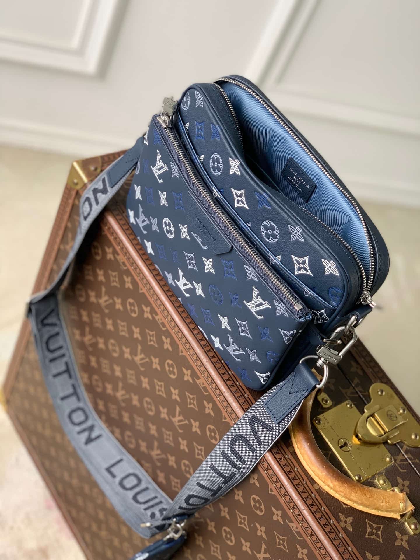 Louis Vuitton Trio Messenger Navy Blue Monogram Shadow calfskin leather M28618 High