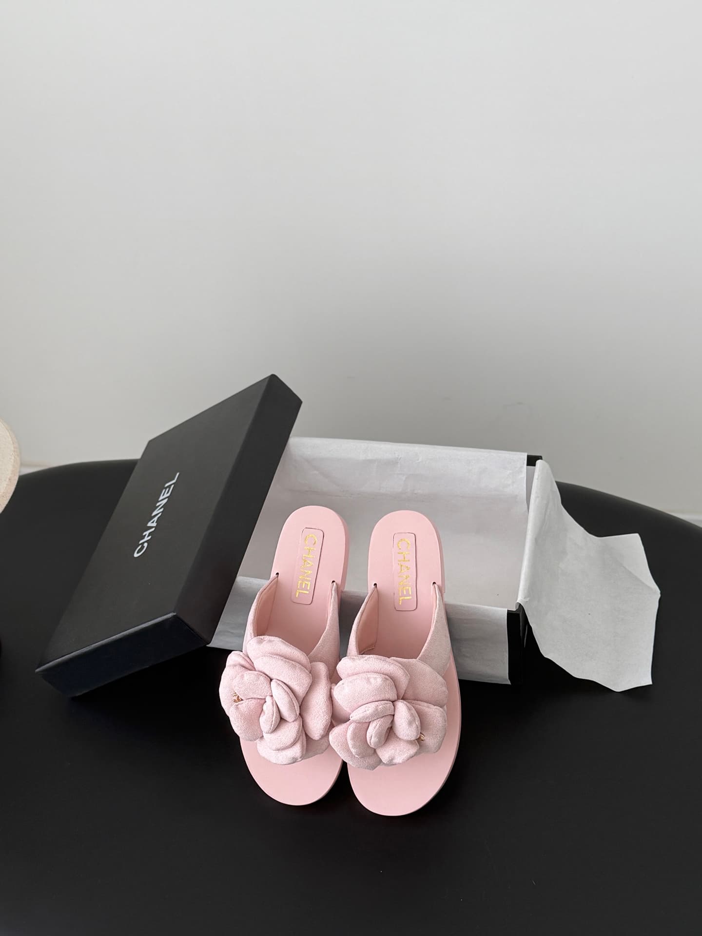 Chanel Camellia suede thong sandals