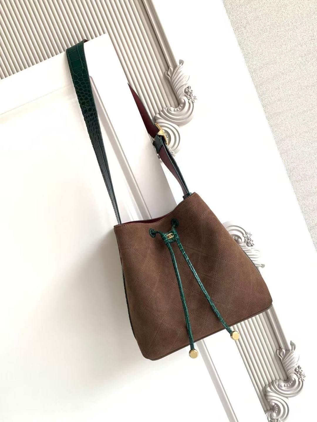 Chanel Small Bucket Bag Suede Calfskin & Gold-Tone Metal Coffee AS6584 A
