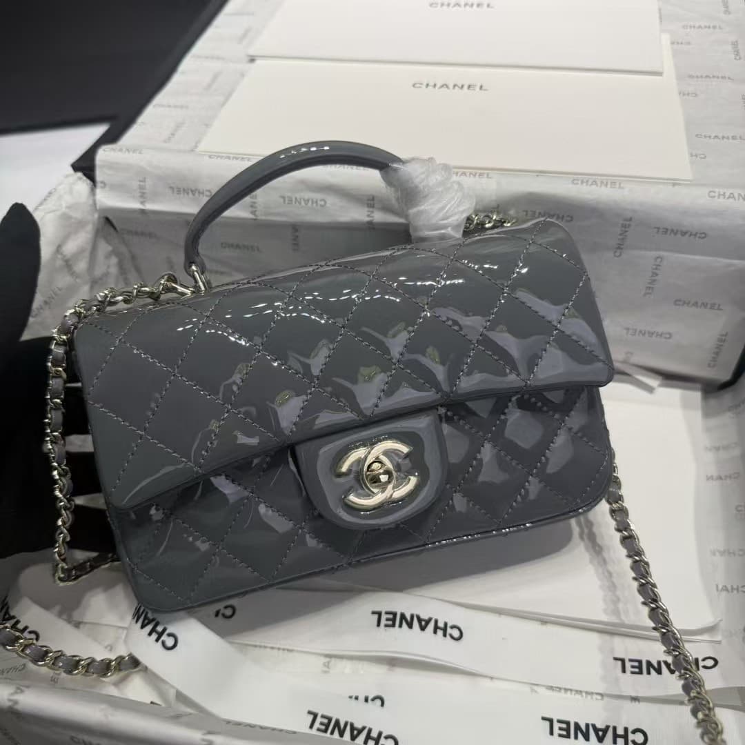 MINI FLAP BAG WITH TOP HANDLE AS2431 Patent Calfskin Gold-Tone Metal Grey A