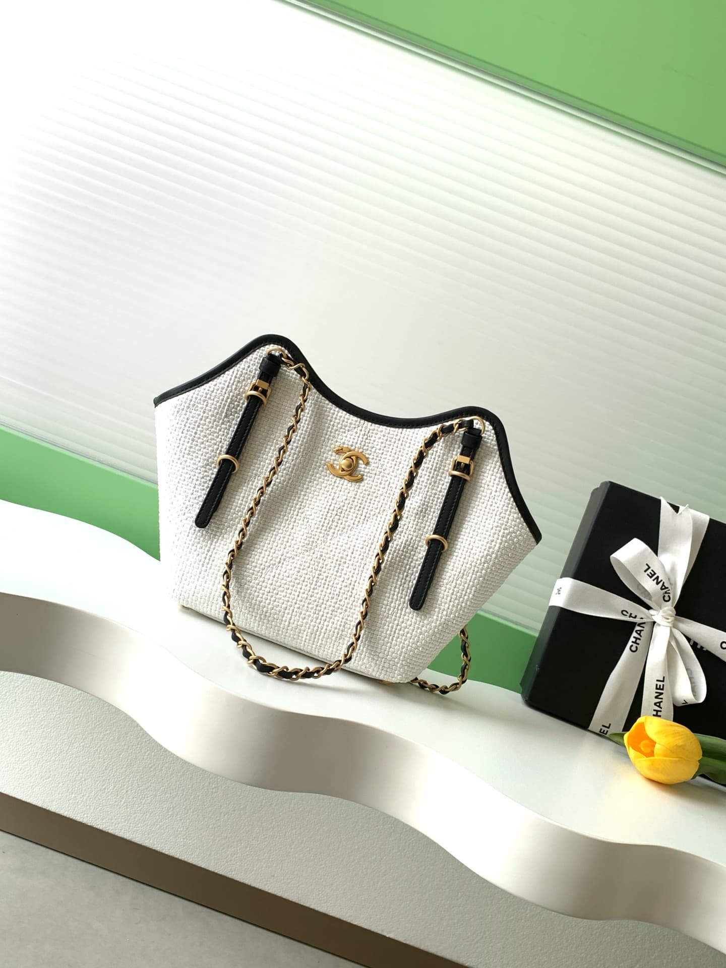 Chanel Shopping Bag Braided Raffia Calfskin & Gold-Tone Metal White & Black  AS6015 A