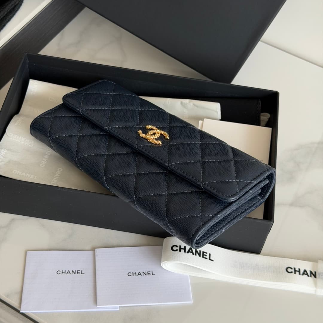 Chanel Wallet Shiny Grained Calfskin Strass & Gold-Tone Metal Dark Blue AP5076 High