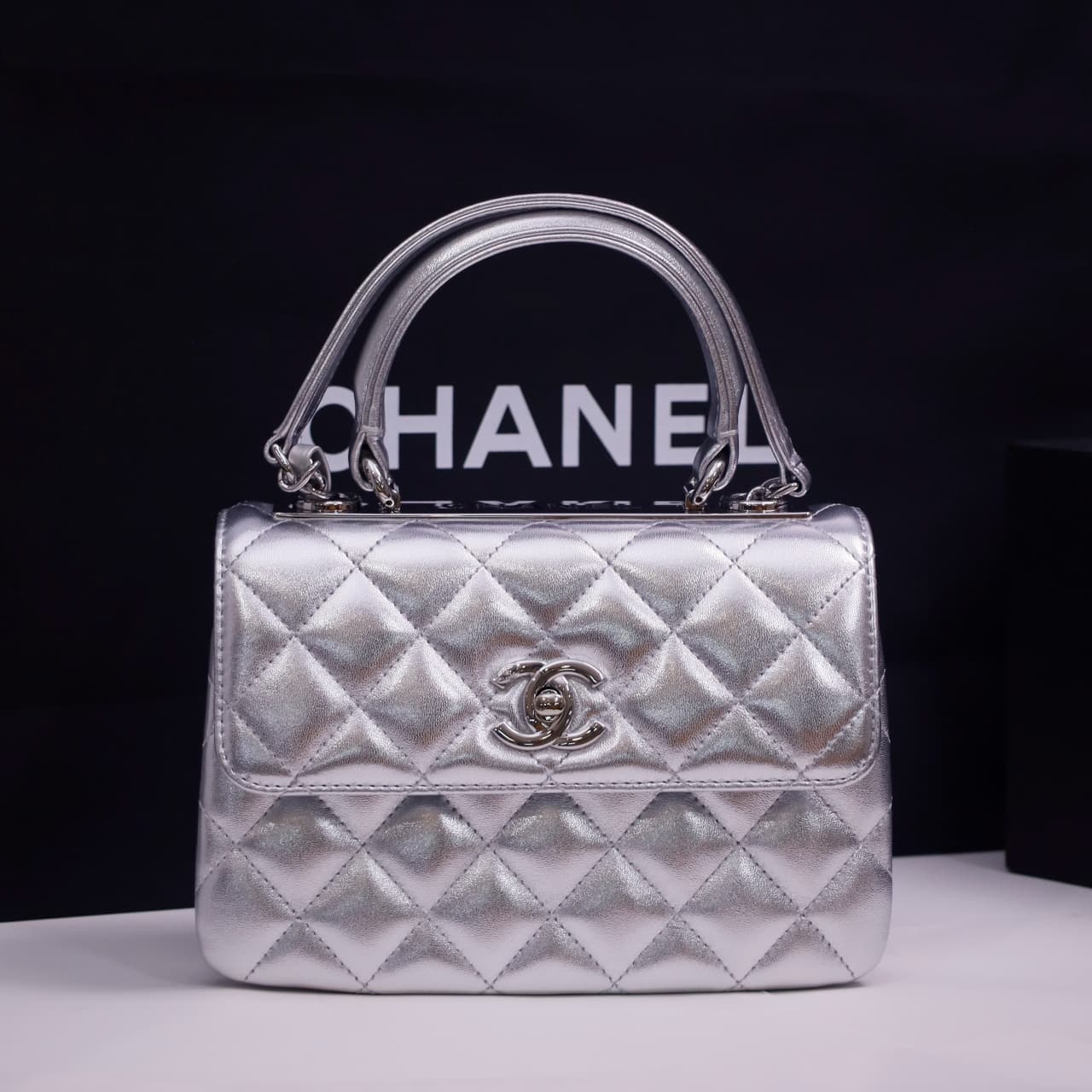 Chanel MINI FLAP BAG WITH TOP HANDLE AS4654 Lambskin & Silver-Tone Metal Silver A
