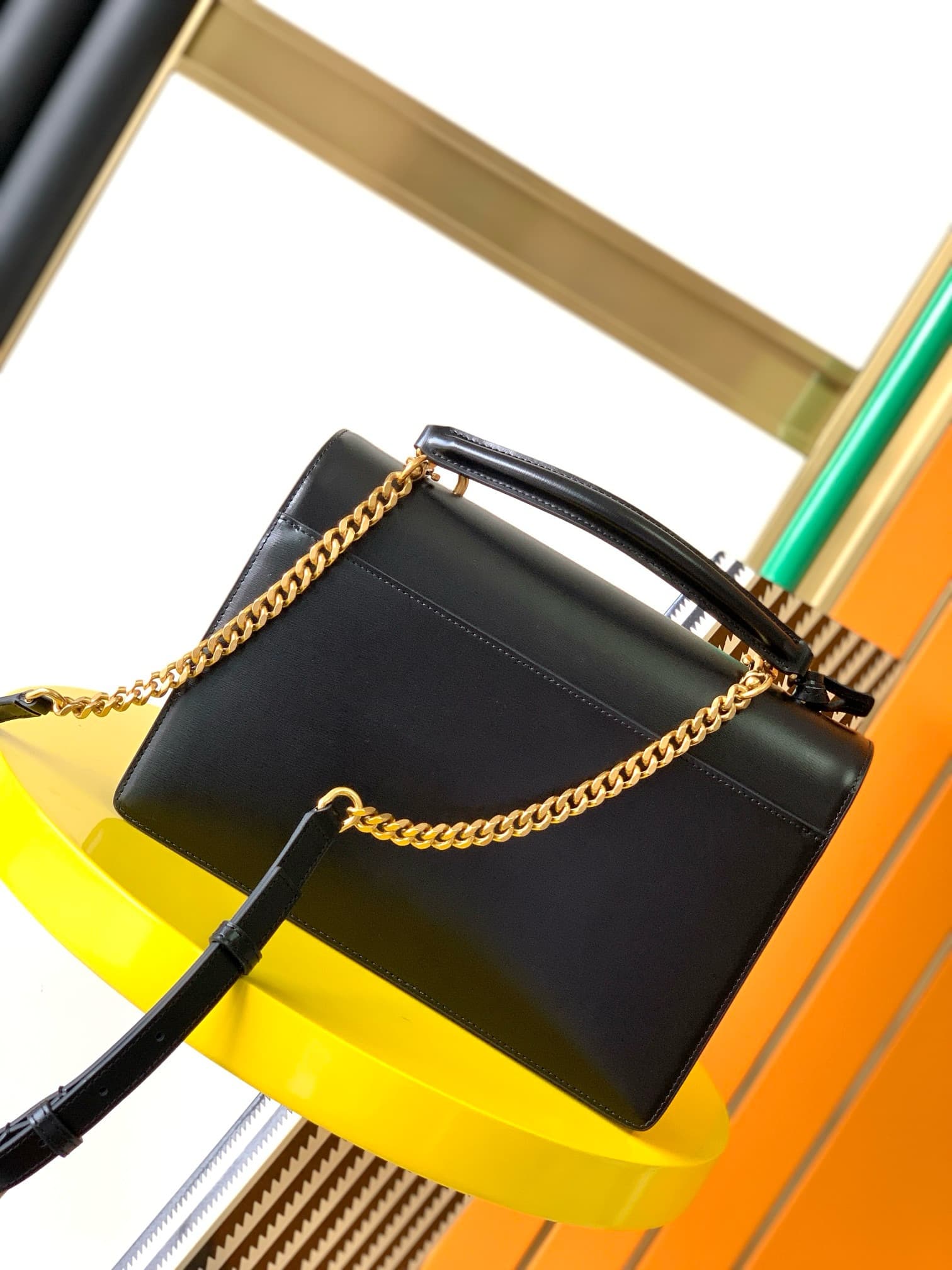 Saint Laurent Sunset Handle Bag Black and White Smooth  Leather 634723 High