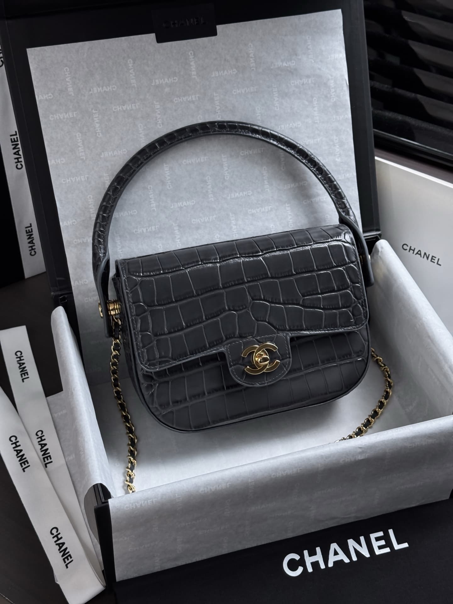 Chanel Mini Flap Bag with Top Handle Crocodile Embossed Calfskin & Gold-Tone Metal AS6424 A