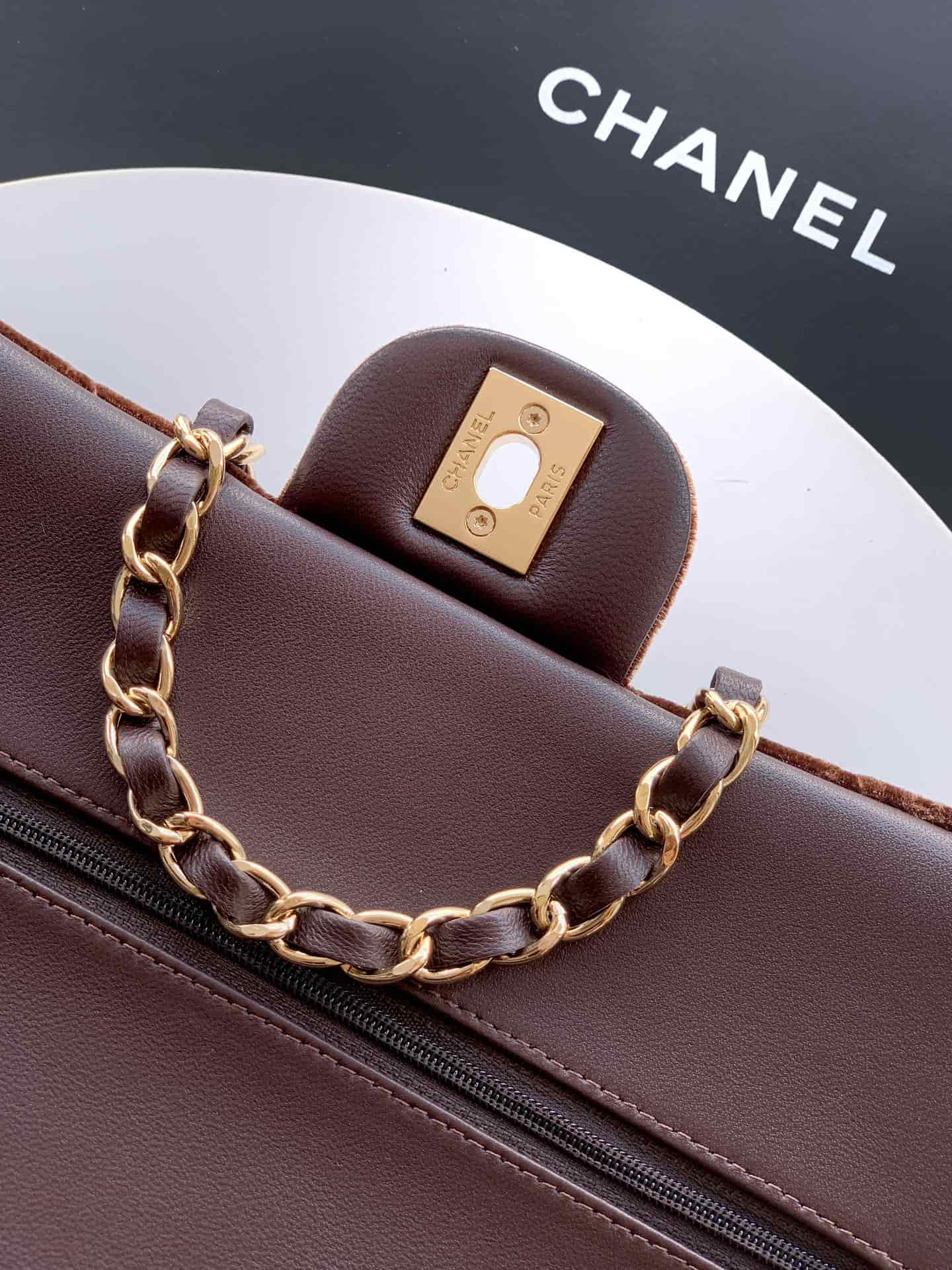 Chanel Medium CLASSIC HANDBAG Velvet  & Gold-Tone Metal Coffee A